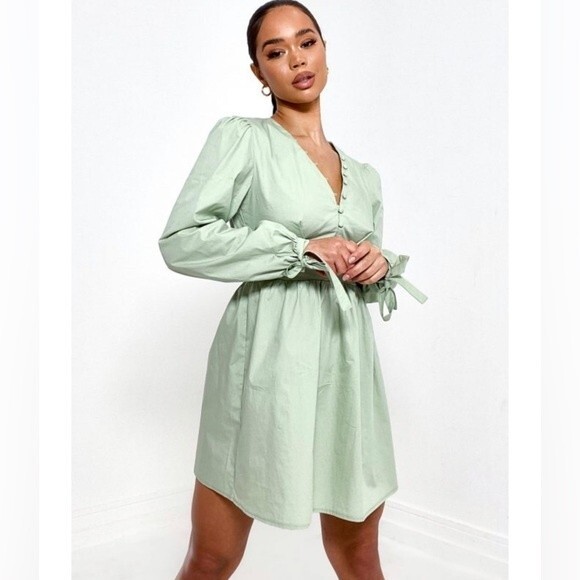 Missguided Sage Green Poplin Button Front Tie Cuff Mini Dress size 2 - Picture 2 of 6